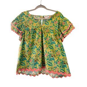 Chic Soul Womens Floral Green Blouse With Pink Trim Size XL KShort Sleeves